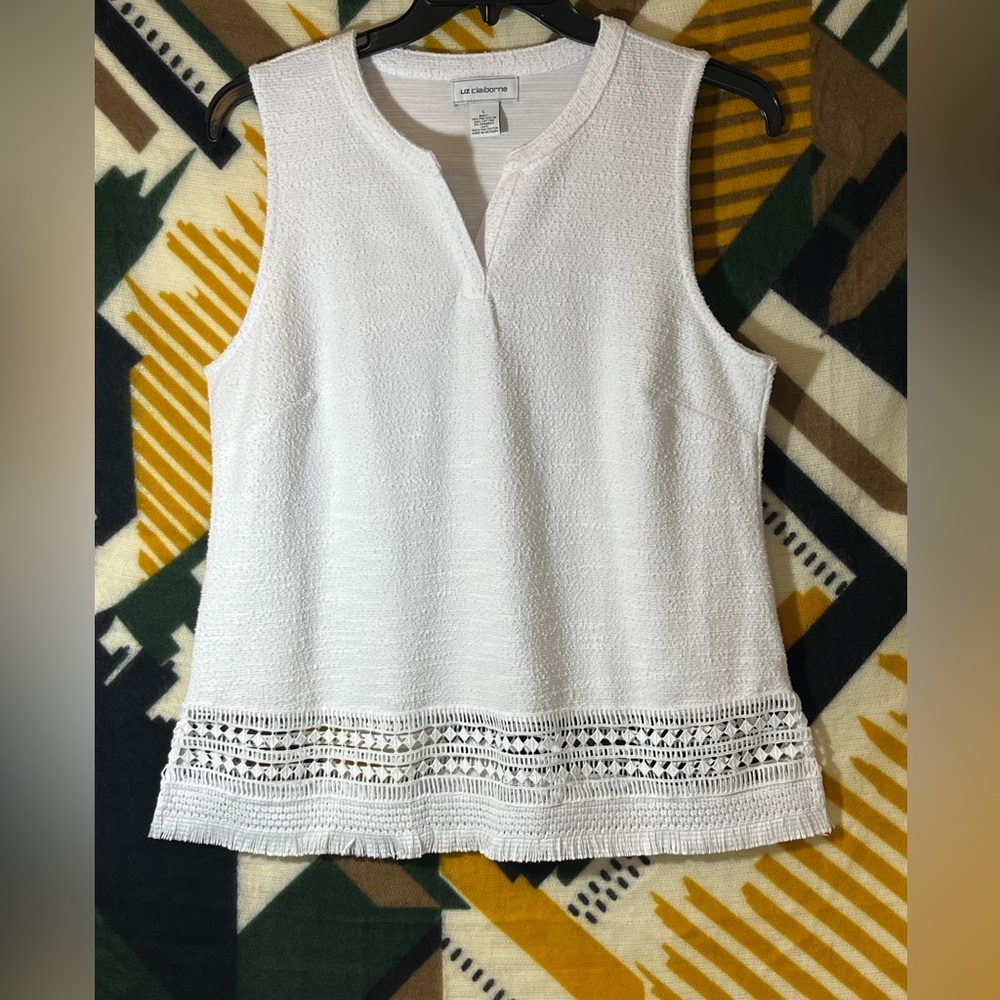 Sleeveless Tunic Top Size Large White Crochet Fringe Hem Stretch Career Work